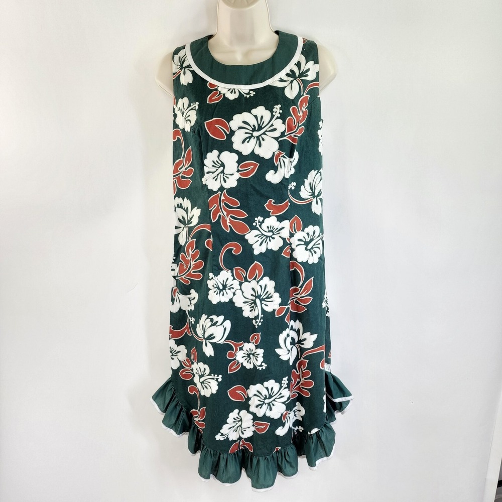 Vintage Royal Creations Dress Womens M  Hawaiian Sleeveless Green Floral Ruffle